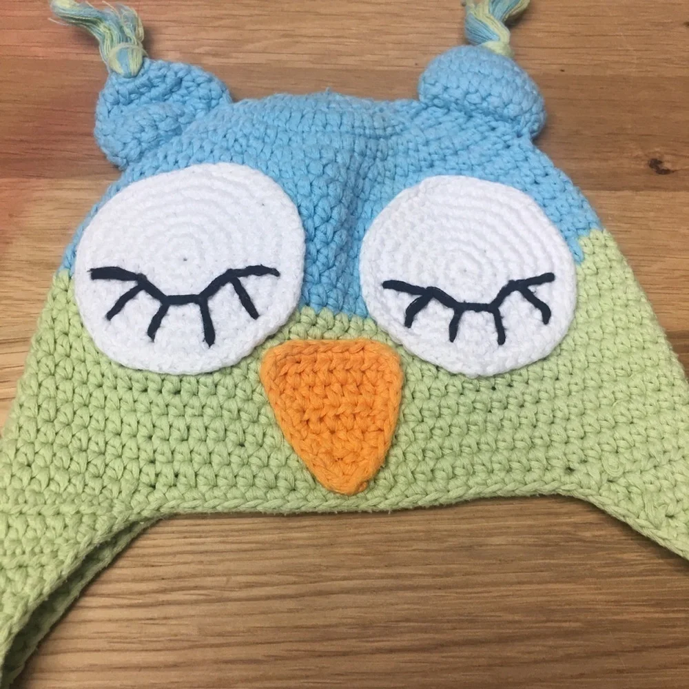 Handmade Kids Crochet Sleepy Owl Earflap Hat Blue Green Braided Tassels